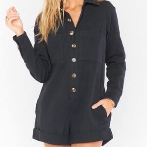 Show Me Your MuMu Black Button-Front Long Sleeve Romper with Gold Buttons